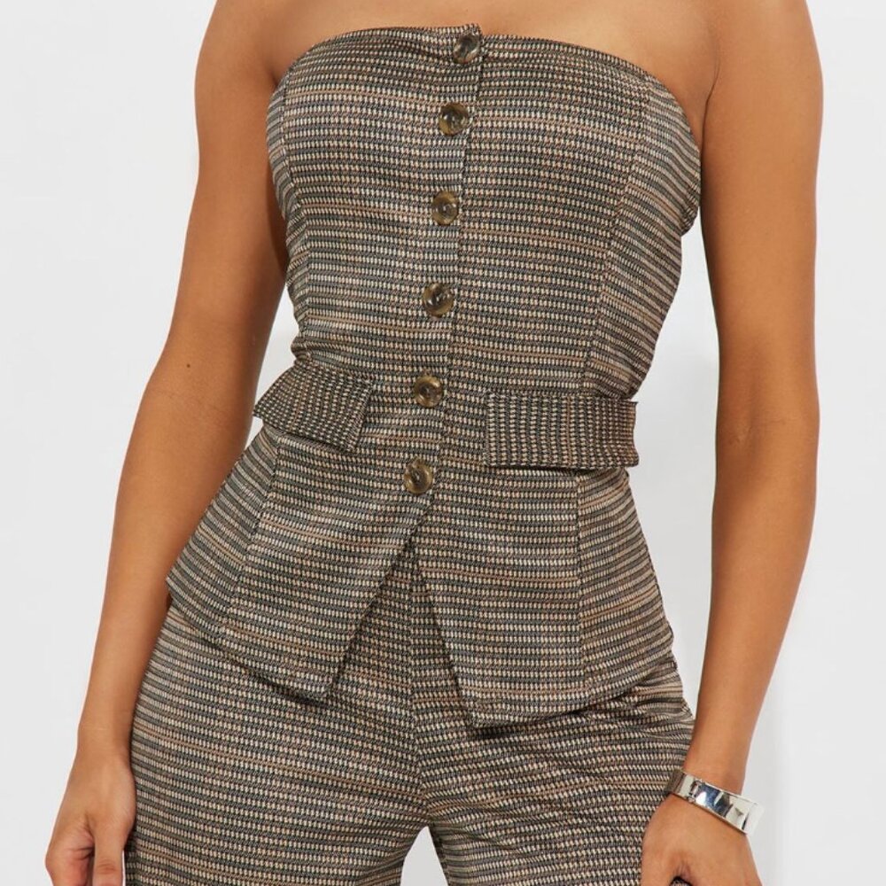 Sold our Women's Cherylee Button Up Plaid Jumpsuit Combo in Brown